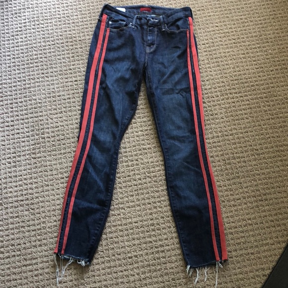 mother jeans with red stripe